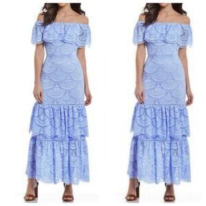 Gianni Bini Off Shoulder Tiered Maxi Dress Sz XL Blue Lace Summer Boho
